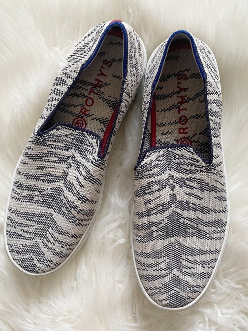 Rothy’s White Black Maritime Tiger Stripe Retired Print Slip On Shoes